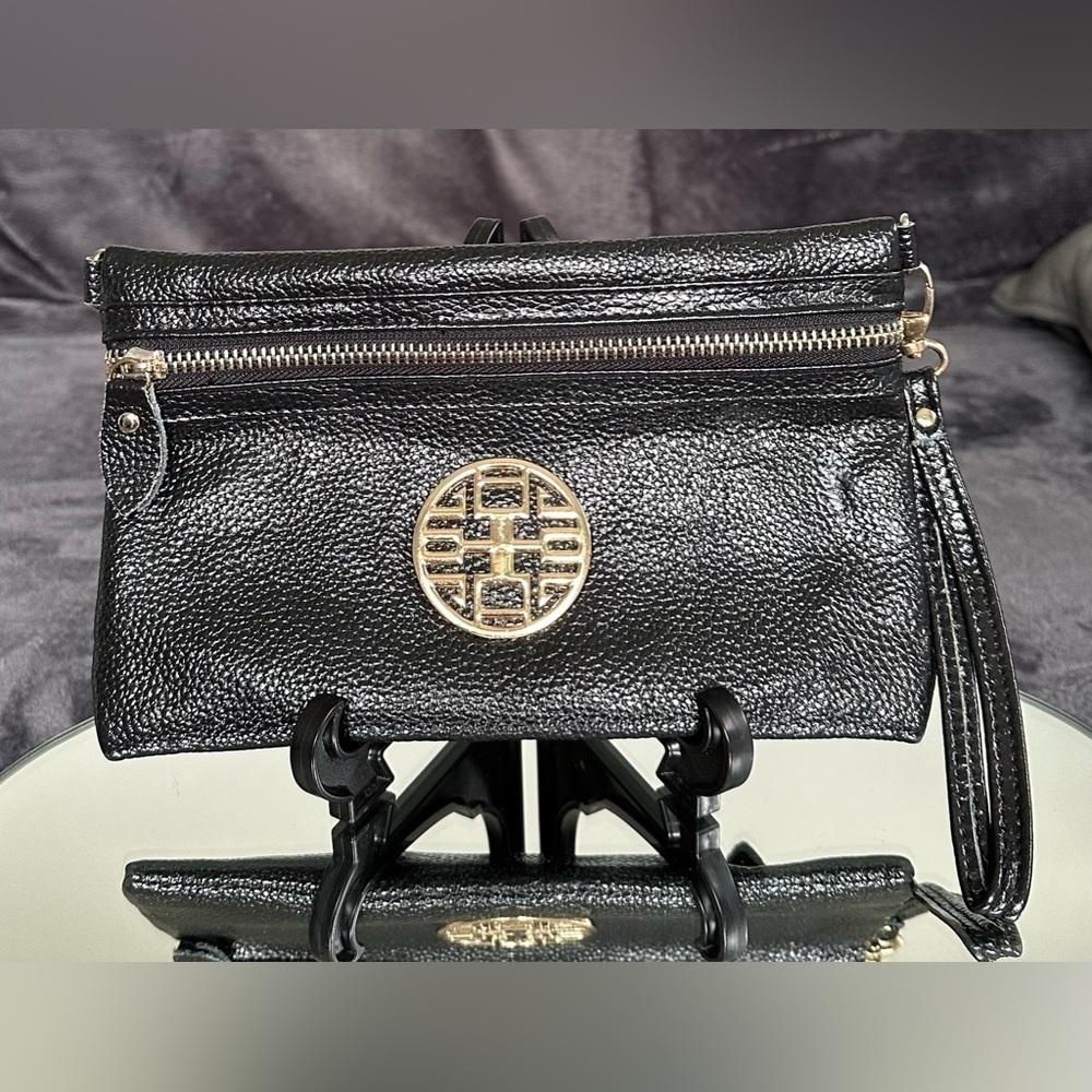 Chic Black Wristlet Clutch with Gold Accents
